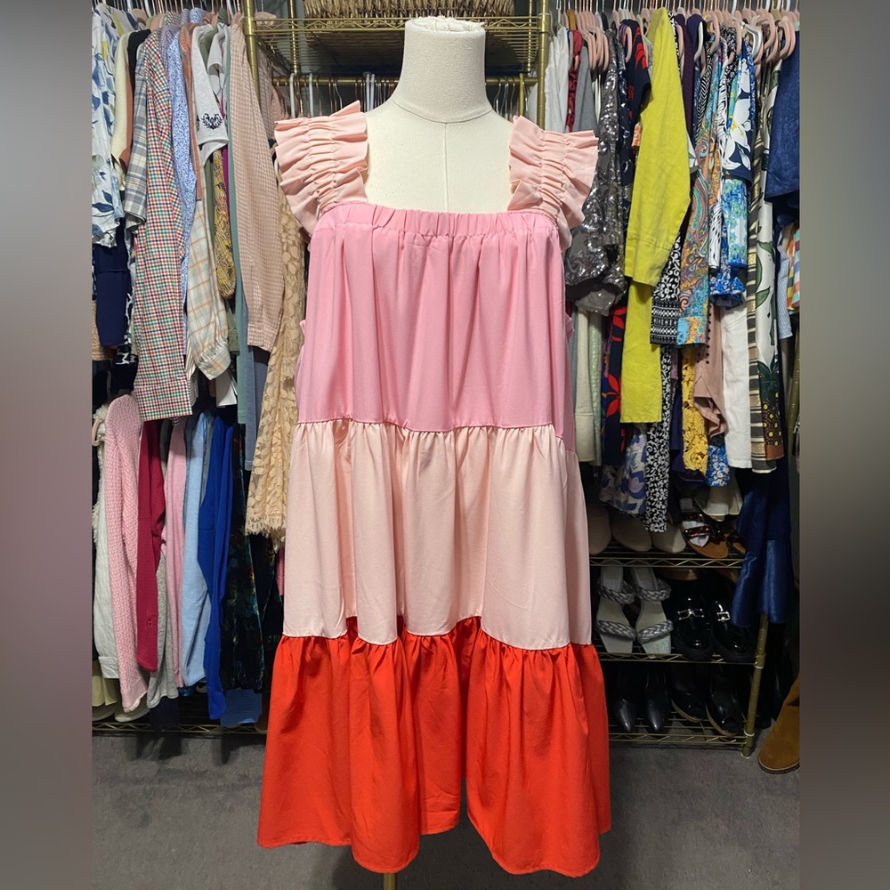 Entro Color Block Tiered Babydoll Mini Dress Pink Red - Picture 5 of 10